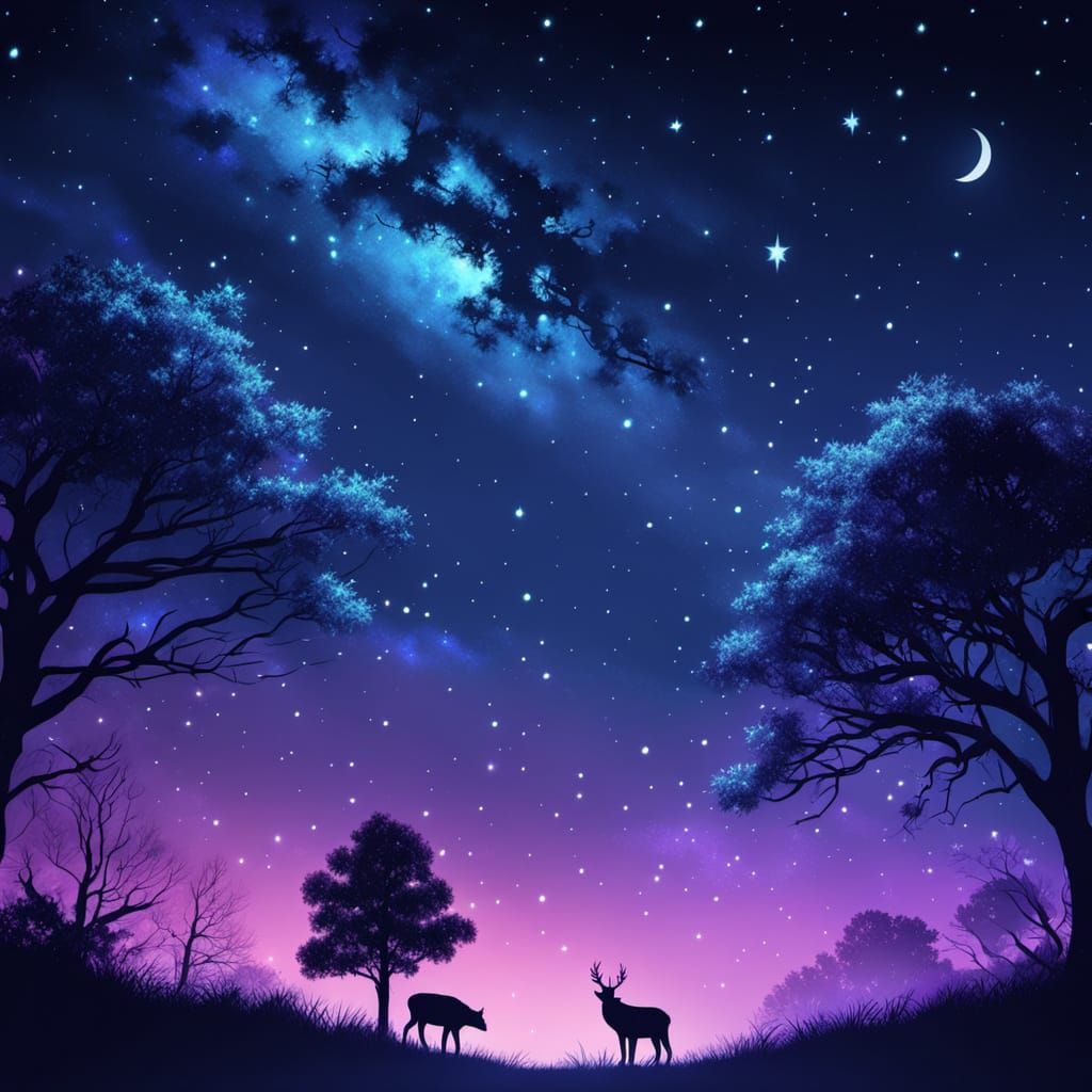 Shining Night Sky Silhouettes in Oil Painting Style