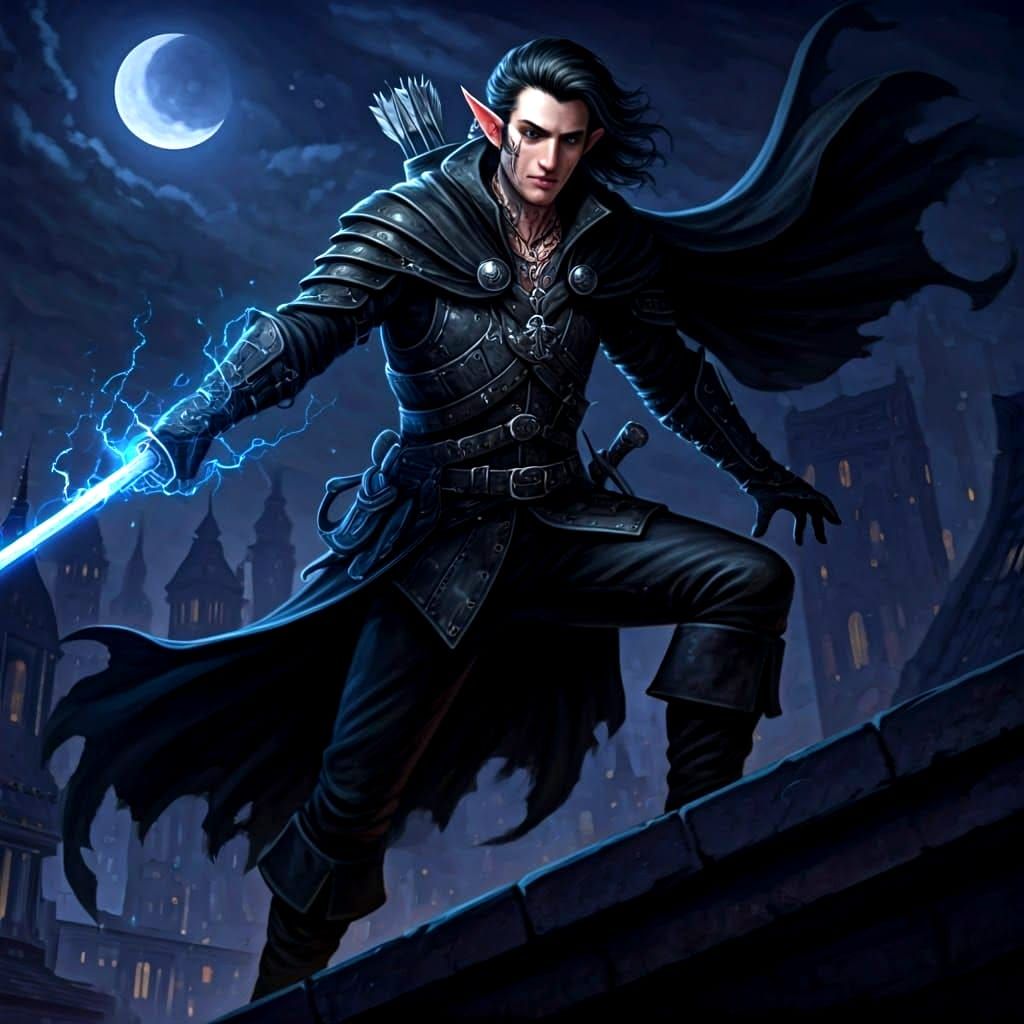 Half-Elf Rogue with Lightning Sword on Rooftop