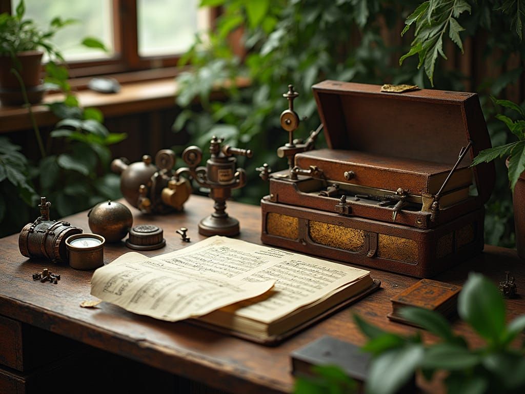 Vintage Scientific Instruments and Sheet Music Still Life