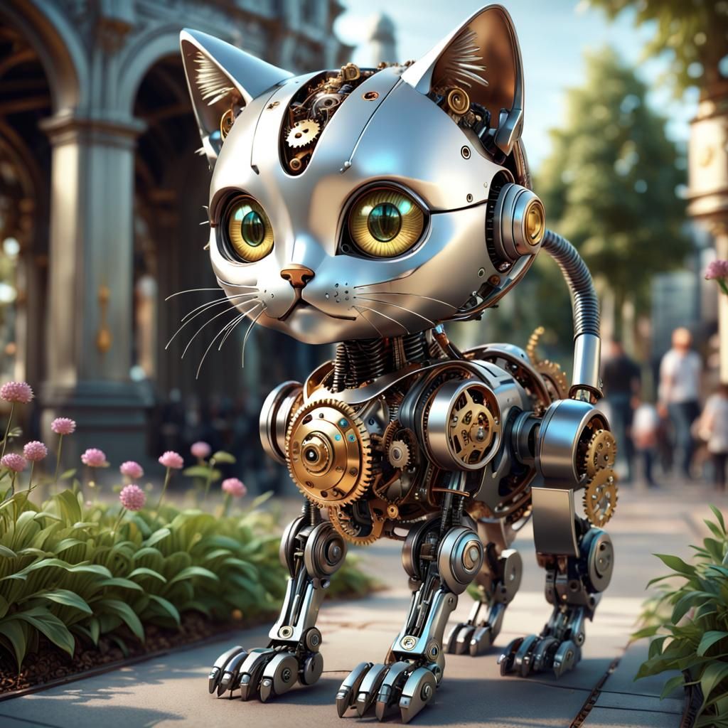 Robotic Kitten in City Park: 3D Rendered Art