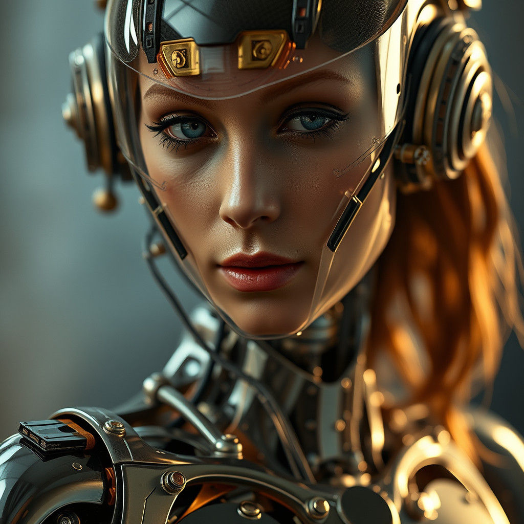 Steampunk Robot Woman Portrait in Hyper-Realistic Style