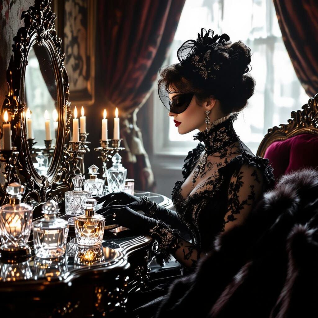 Victorian Woman in Shadowy Boudoir, in High Fashion Style