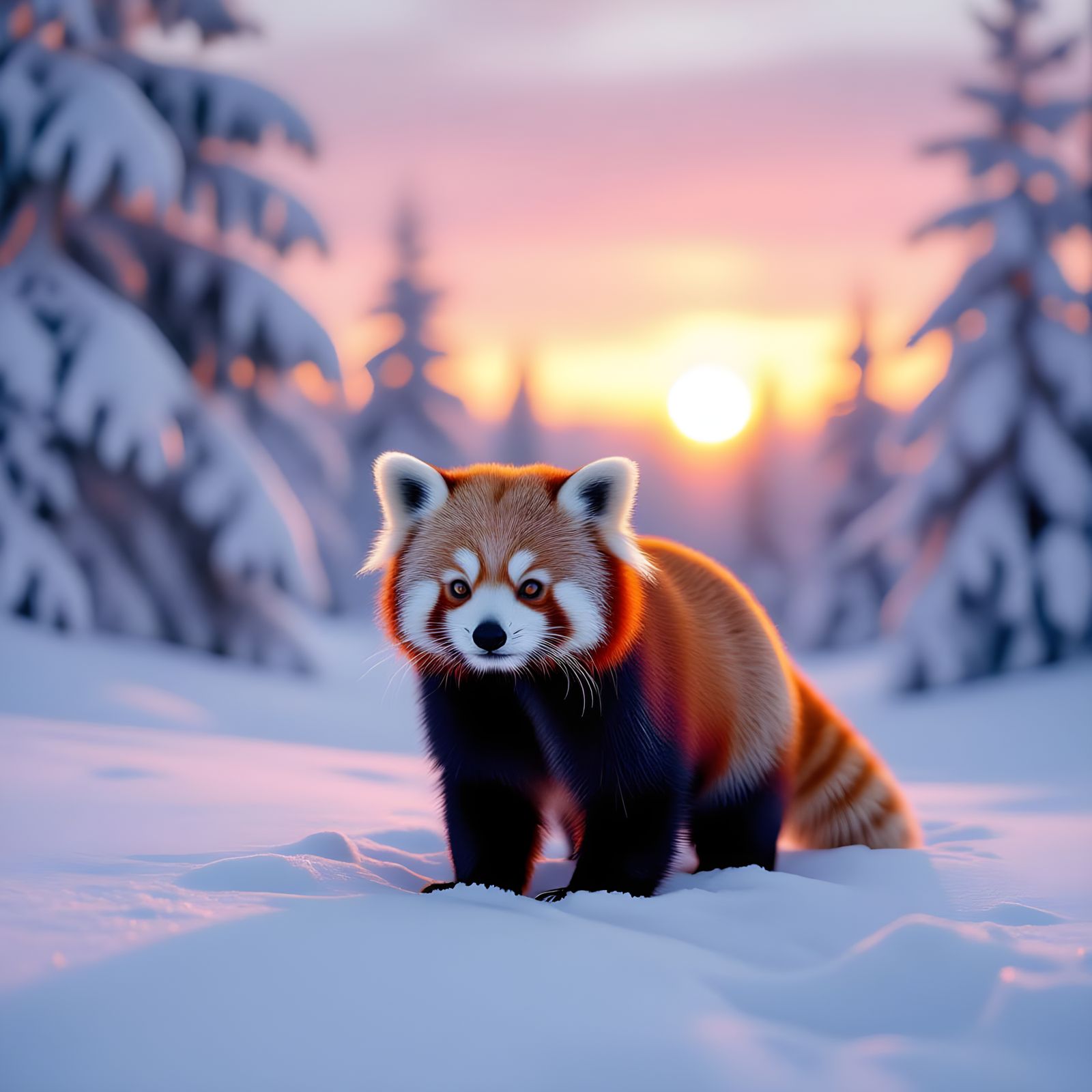 Red Panda in Serene Snowy Winter Sunset