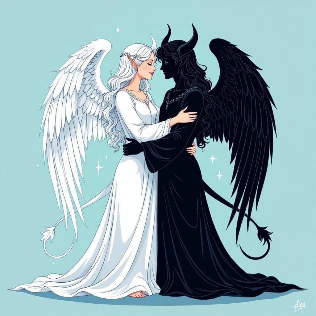 Angel and Devil Embrace in Whimsical, Vibrant Style