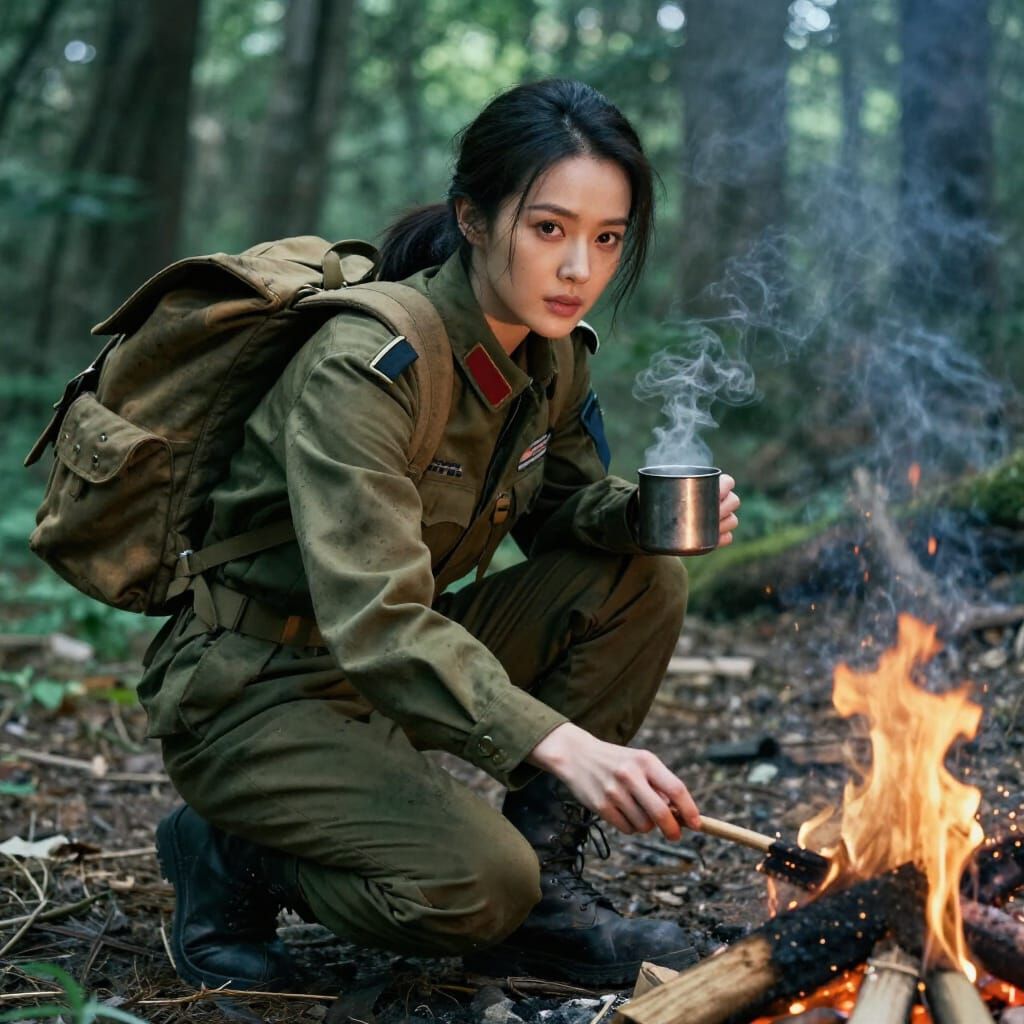 Realistic Asian Woman Soldier in Forest Campfire Scene