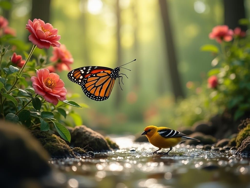Monarch Butterfly and Goldfinch by Forest Stream