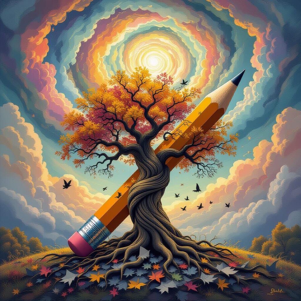 Surreal Pencil Tree in Autumn Sky