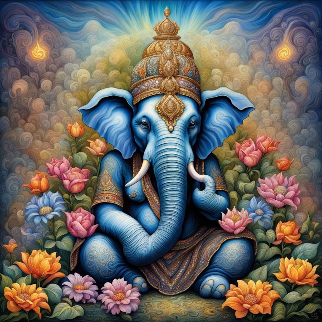 Ganesha Among Flowers in Art Deco Style
