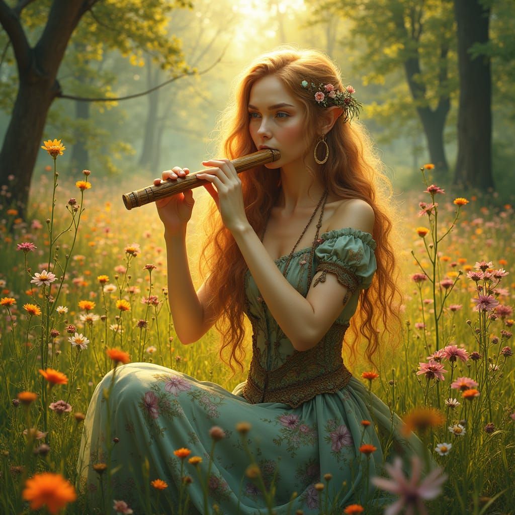 Ethereal Elven Woman Plays Flute Amidst Vibrant Wildflowers ...