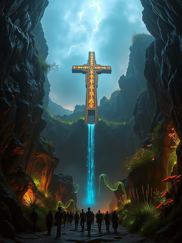 Neon Cross in Art Nouveau Stained Glass