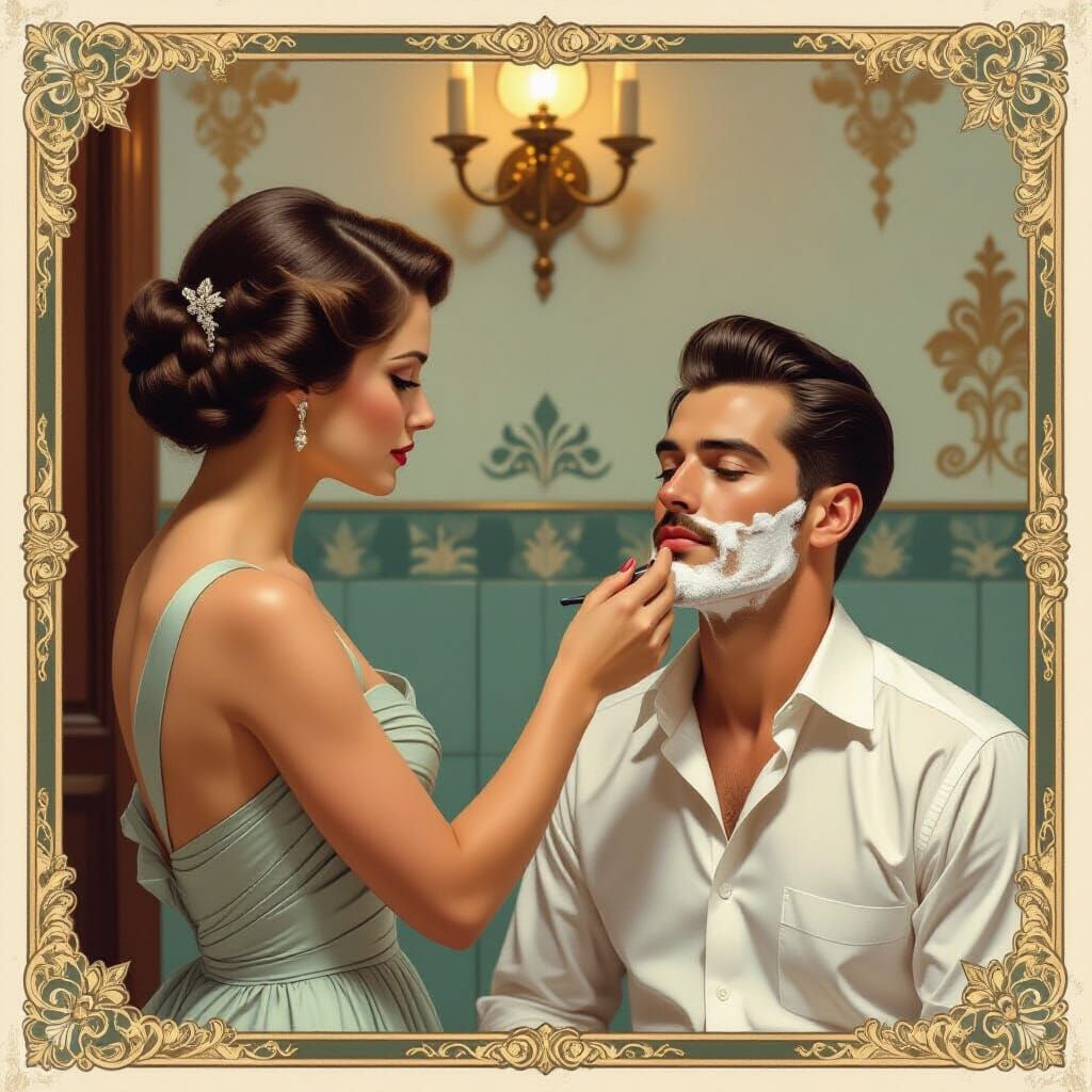 Elegant Woman Watches Man Shave in Vintage Bathroom