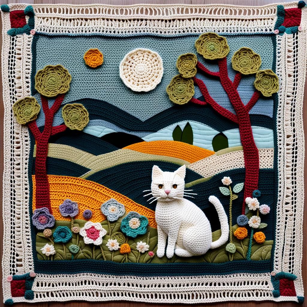 Textile Cat in Patchwork Crochet Bucolic Scene
