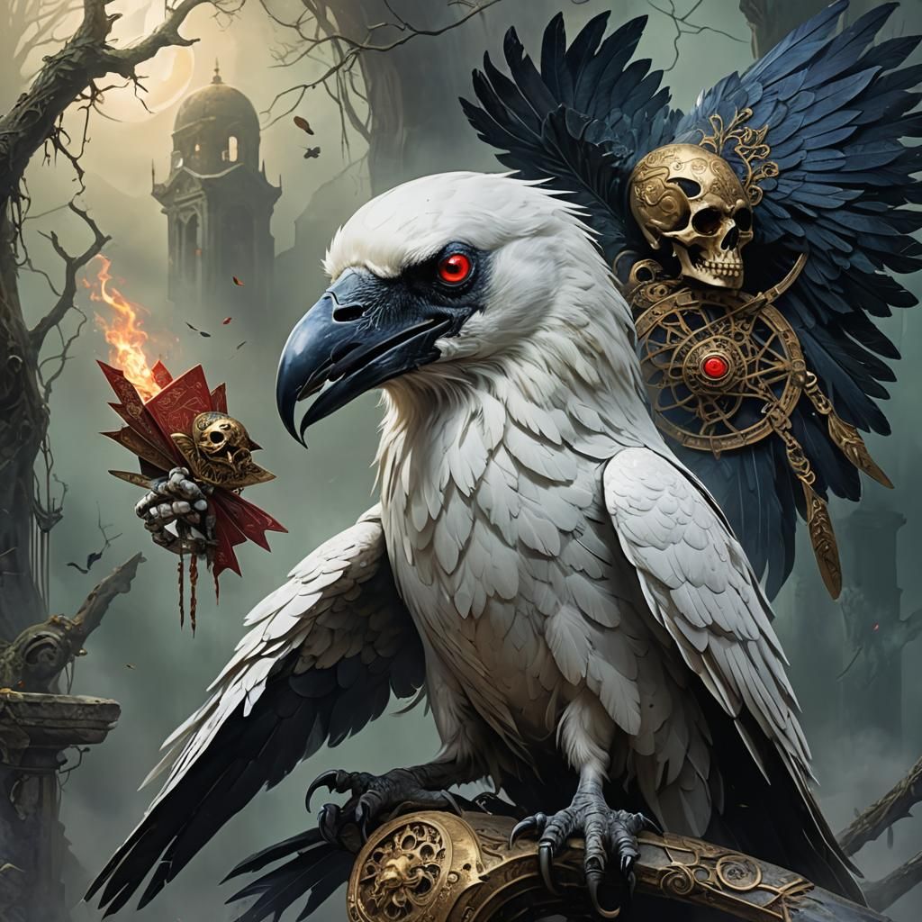 White Raven with Skull and Cards in Dark Fantasy Art
