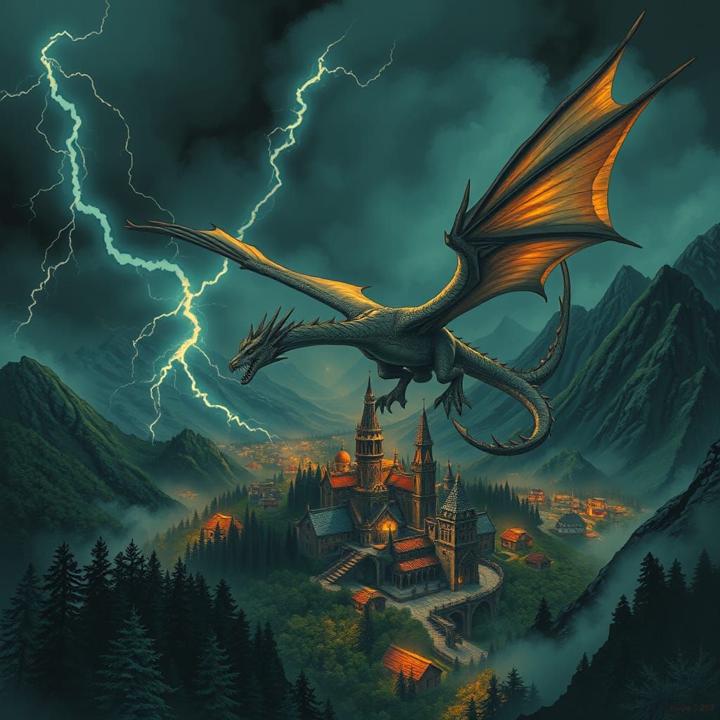 Majestic Dragon Soaring Over Fantasy City