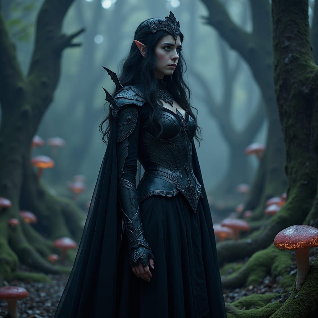 Dark Elf Sorceress in Ebony Armor Amidst Ancient Forest