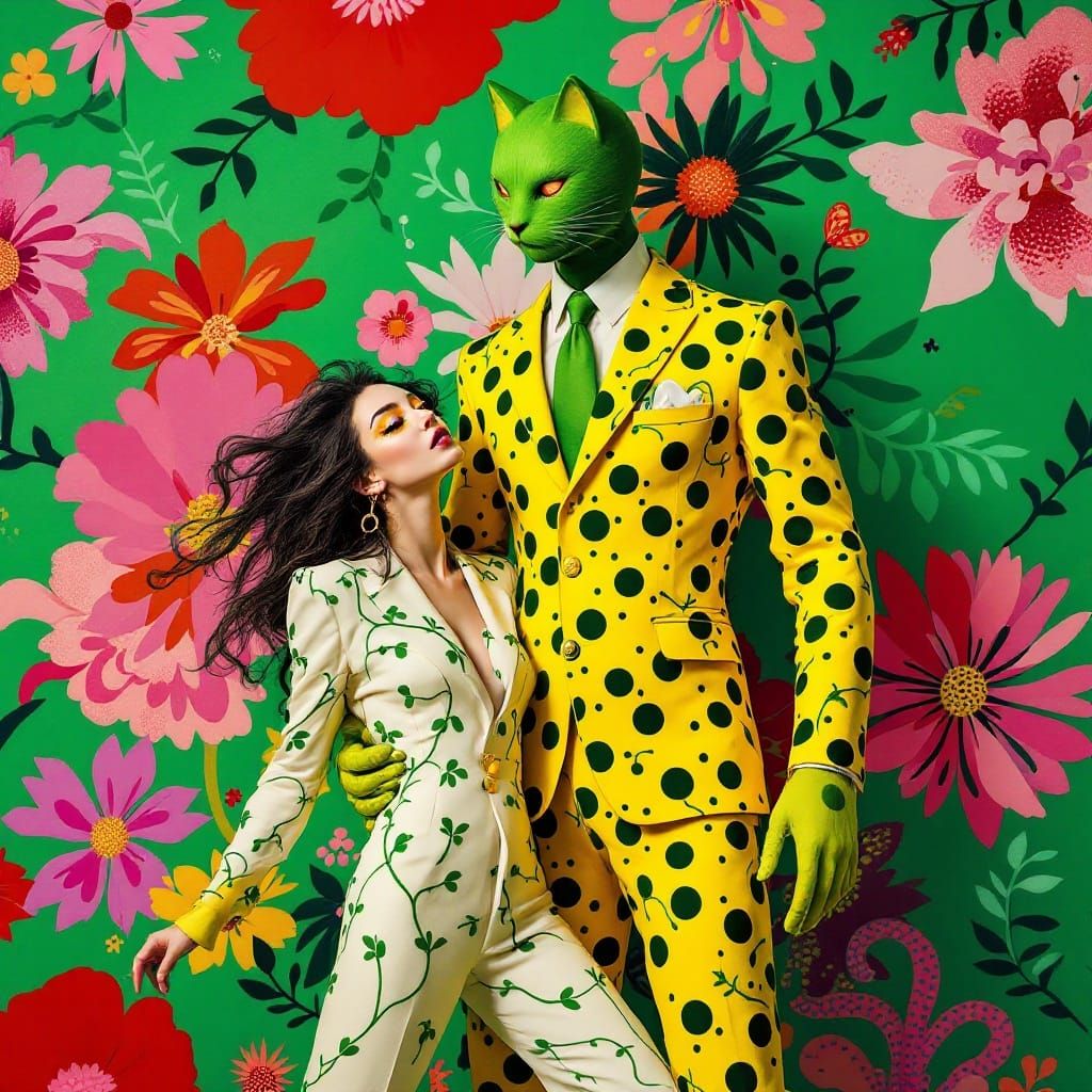 Whimsical Dance in Surreal Polka Dot Garden