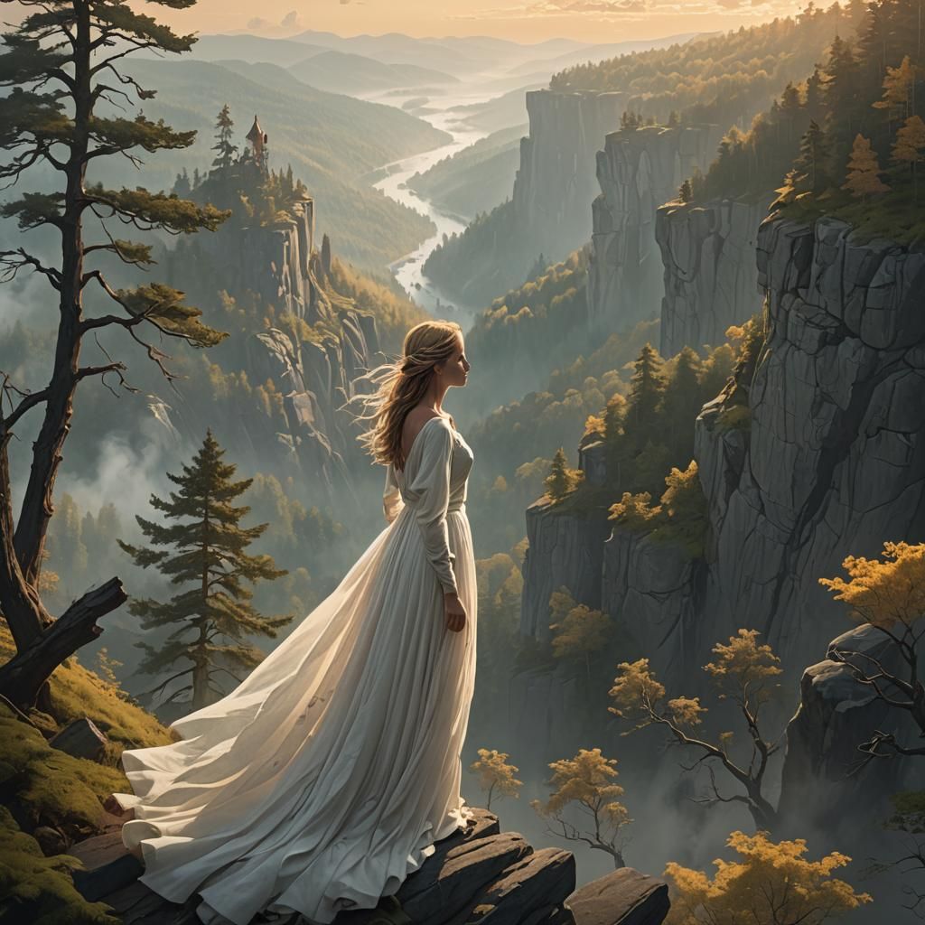 Mystical Maiden Overlooks Forest in Digital Painting