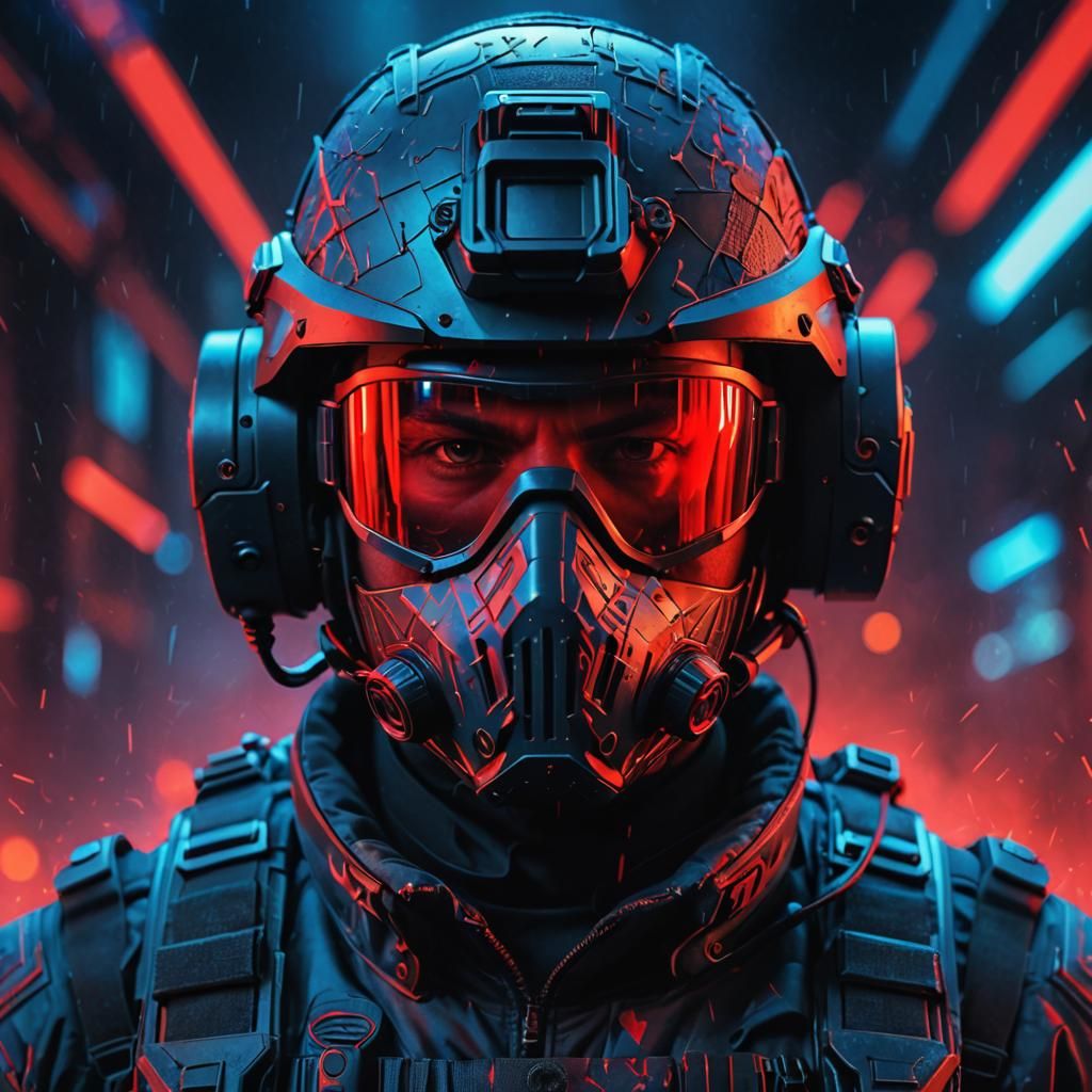 Futuristic Soldier Portrait with Glowing Runes in 3D