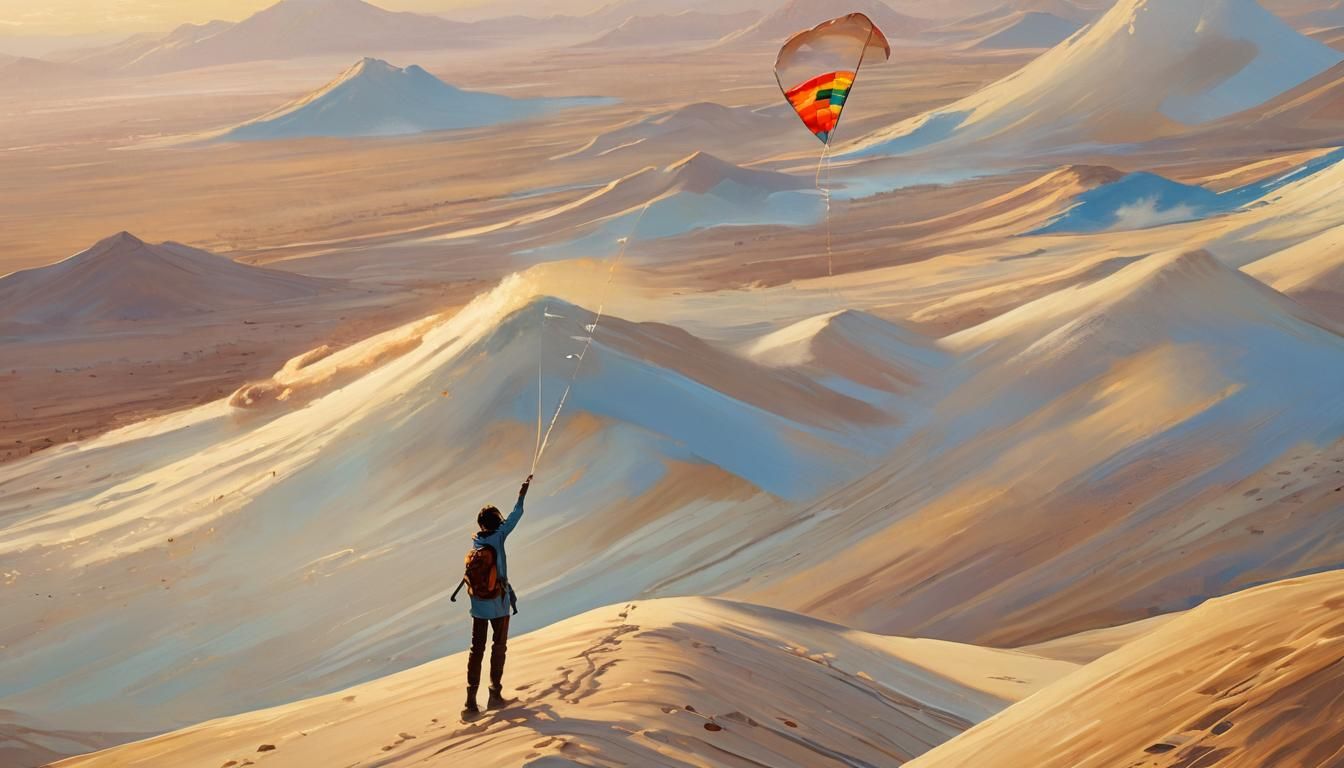 Desert Kite Flyer at Golden Hour: Oil Painting