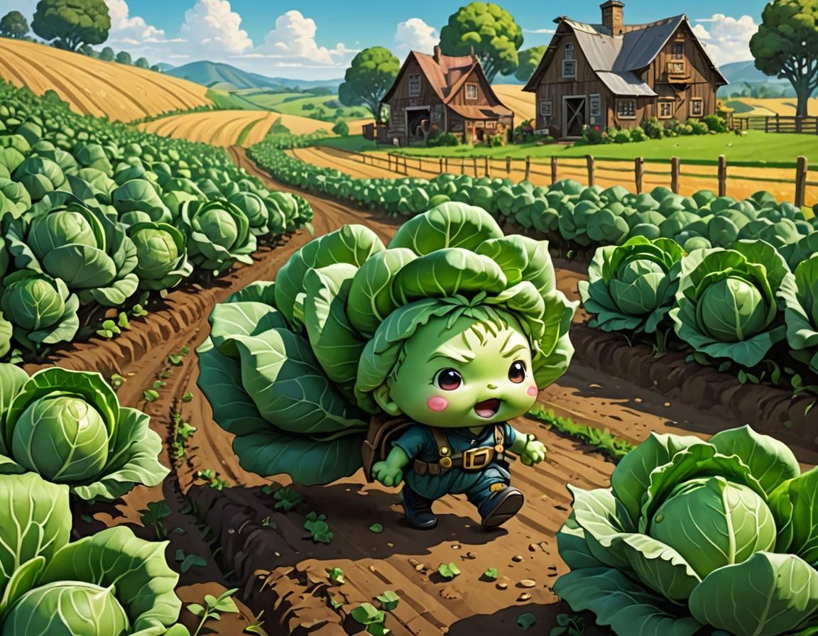 Super Cute Chibi Cabbage Walking in Farm Landscape