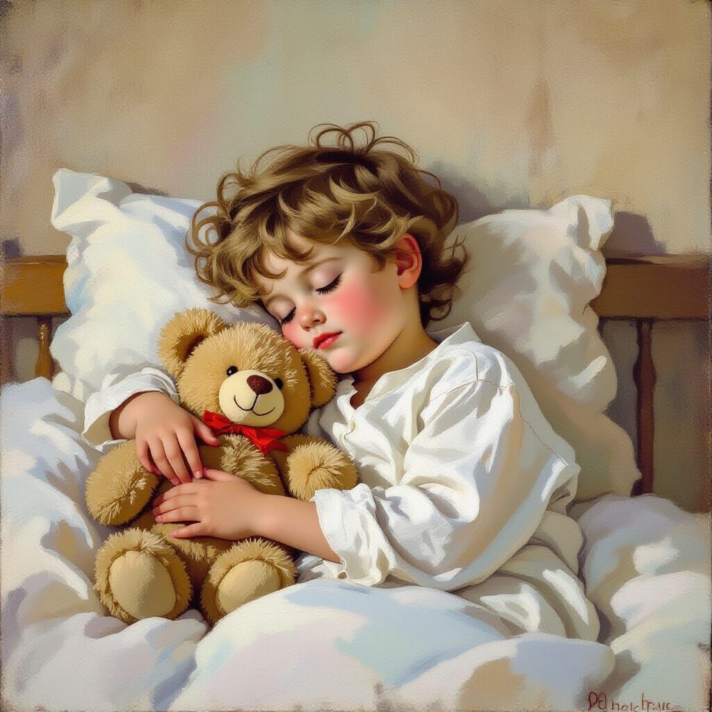 Sleeping Boy with Plush Toy in Impressionist Style