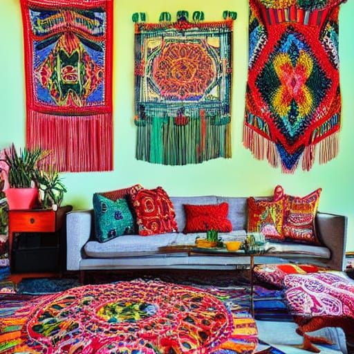 Bohemian Living Room with Colorful Pillows and Curtains