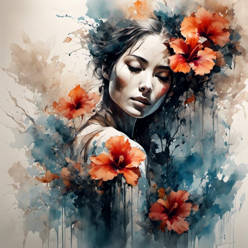 Hibiscus Woman in Wet Watercolor Style