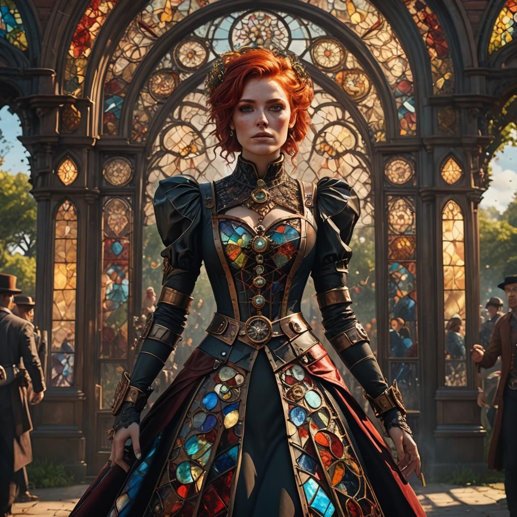 Steampunk Lady with Jeweled Dress in Park