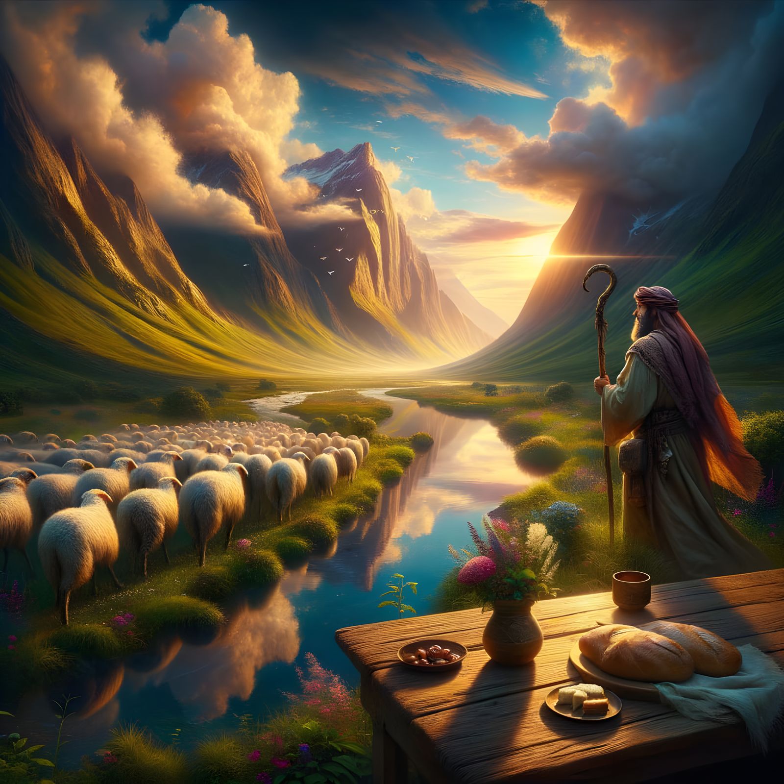 Sun-Dappled Valley with Shepherd and Sheep in 4K