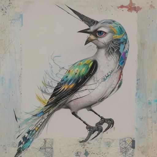 Abstract Bird Portrait in Mixed Media Collage