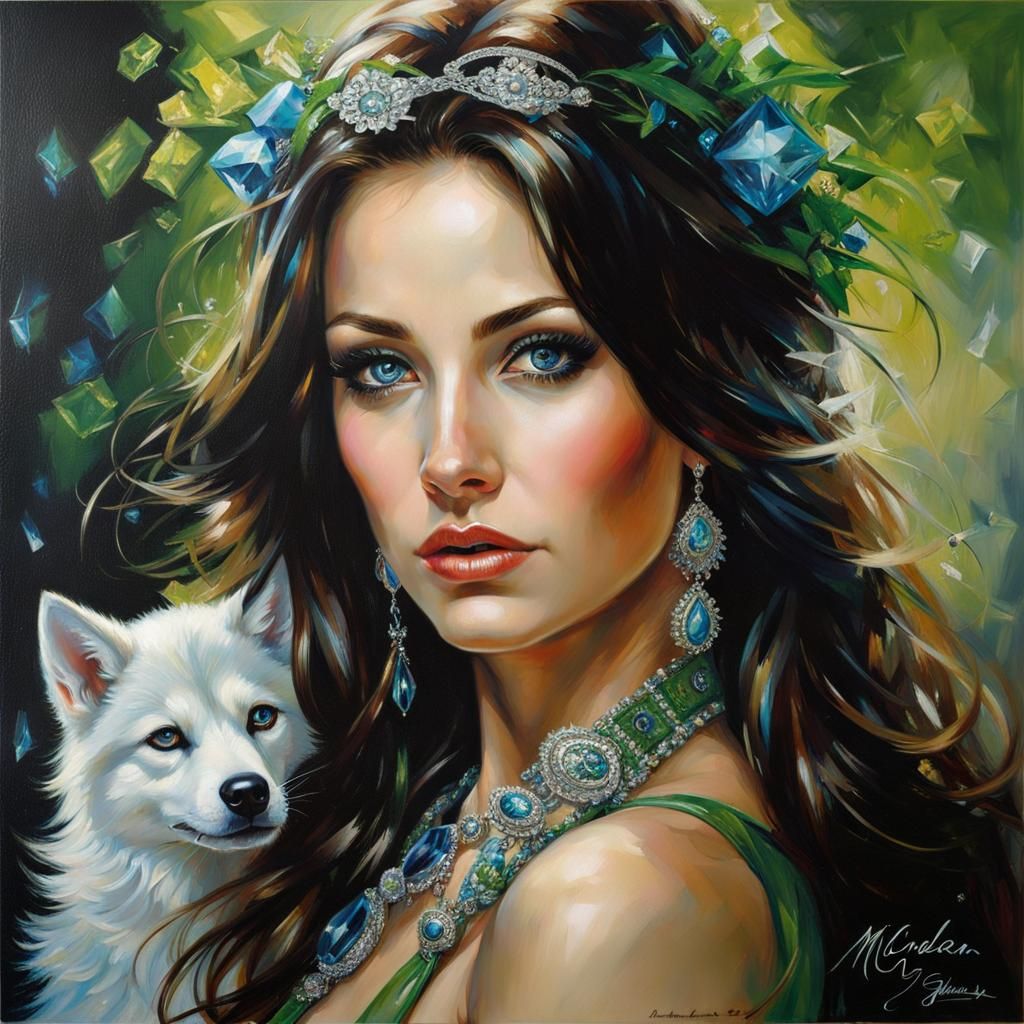 Brunette and Wolf Portrait with Crystals