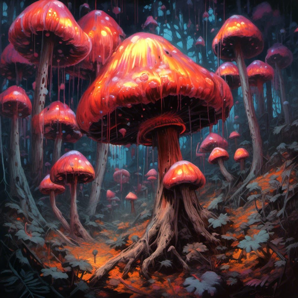 Luminous Mushroom Forest in Graffiti Art Style