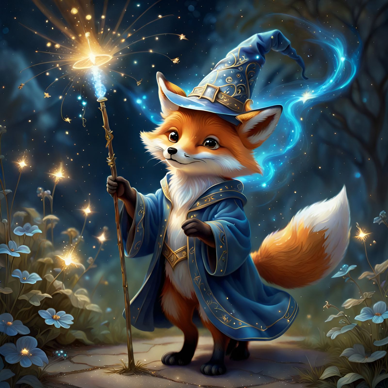 Fox Wizard's Galactic Flight: A Nostalgic Painting