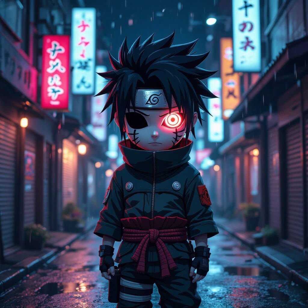 Ninja with Glowing Eye in Neon Tokyo, Digital Art