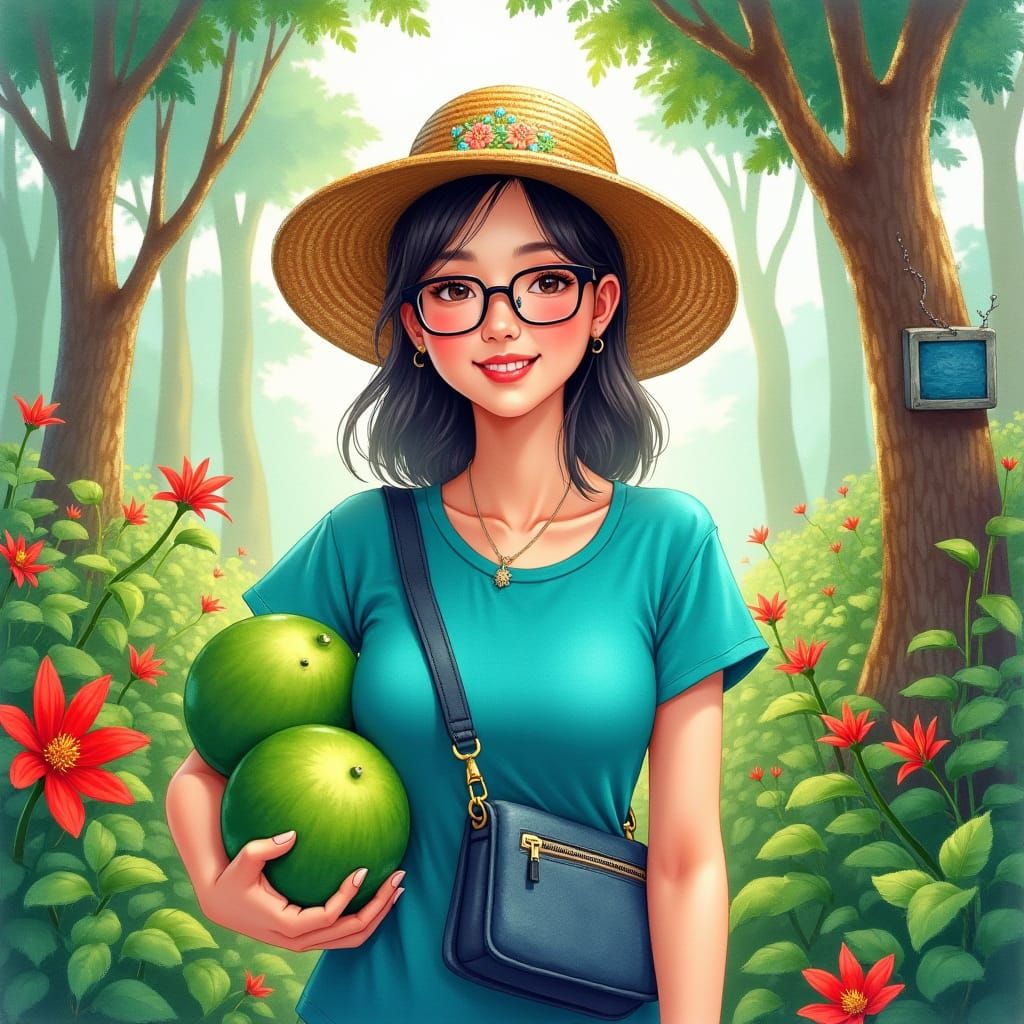 Vietnamese Woman with Pomelos in Watercolor Garden