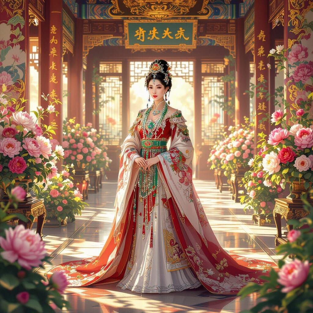 Regal Chinese Empress in Opulent Palace Hall