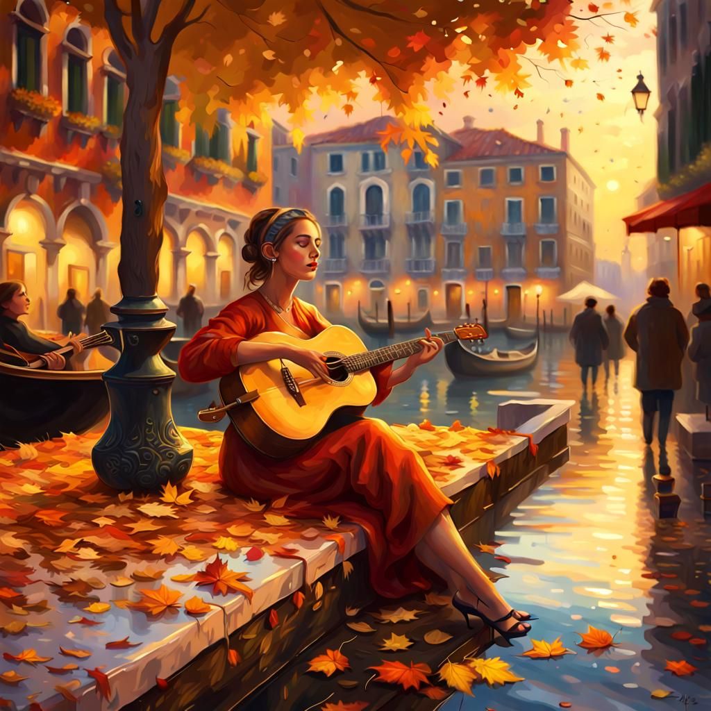Impressionistic Venice Street Musicians in Autumn