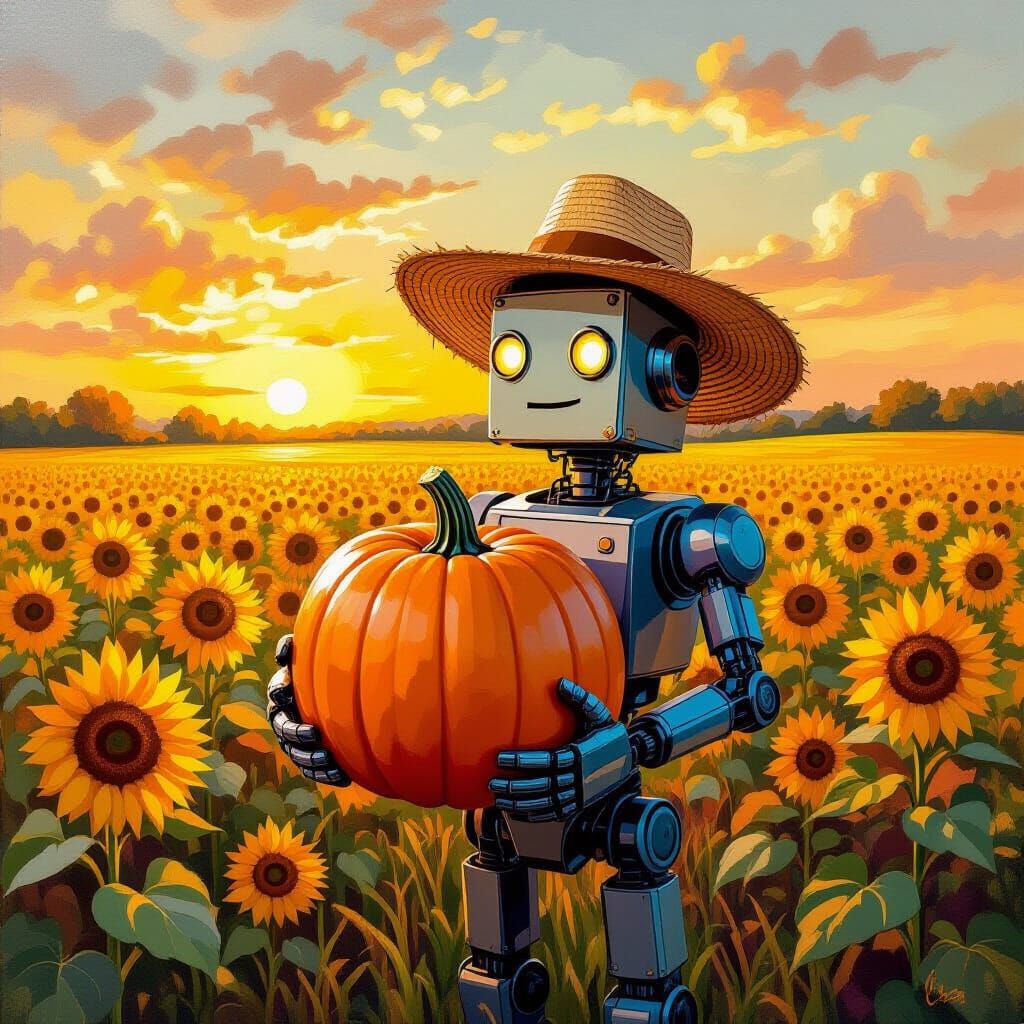 Robot Farmer with Giant Pumpkin in Sunflower Field