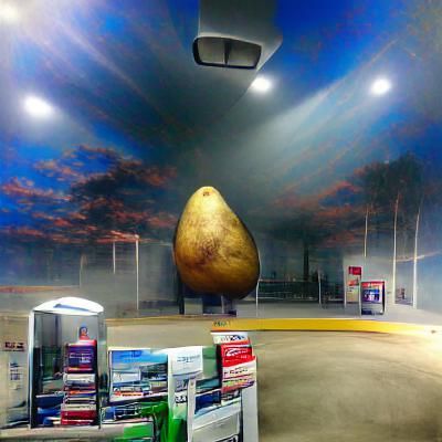 Giant Potato at Gas Station: Hyperrealistic Surrealism