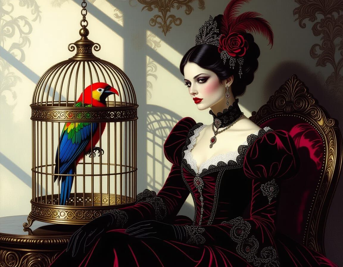 Baroque Vampire Woman and Exotic Bird in Gilded Cage