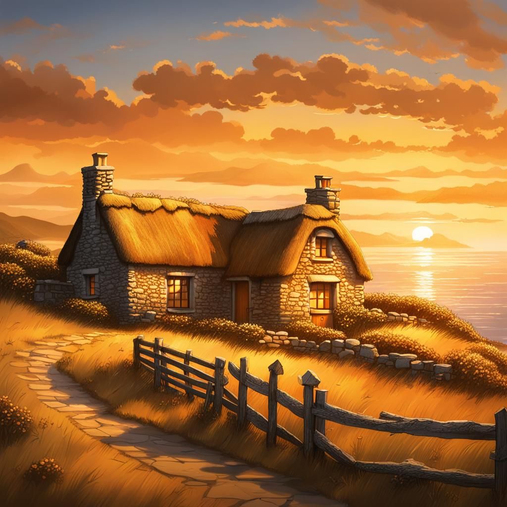 Irish Cottage at Golden Sunset