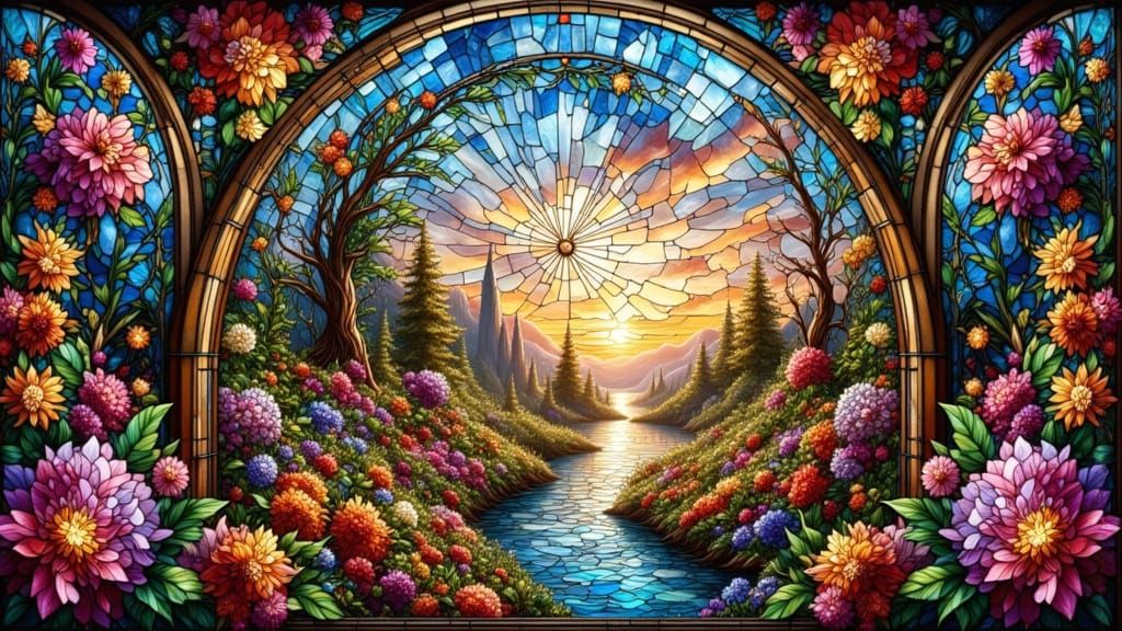 Kaleidoscopic Sunlight Through Shattered Floral Dome