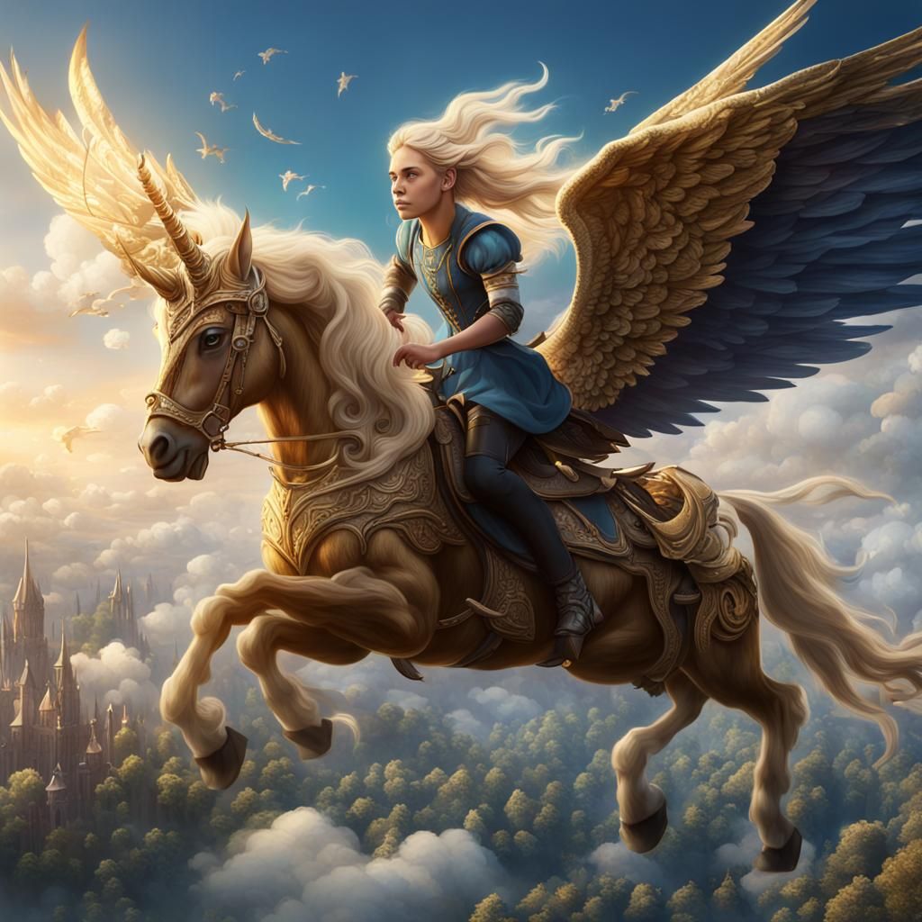 Alicorn and Girl Flying, Detailed Fantasy Art