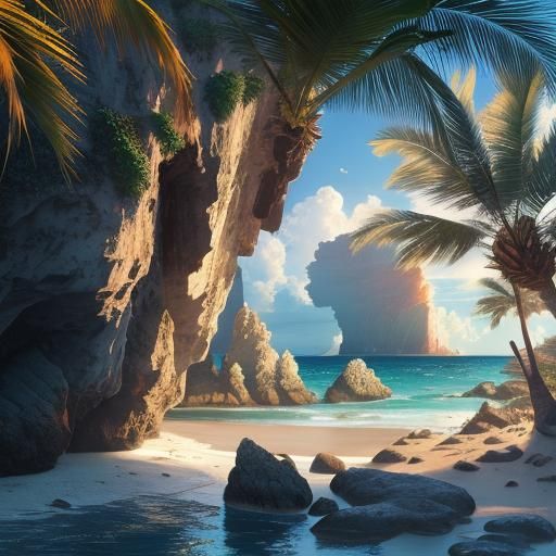 Photorealistic Beach Scene with Palms and Seashells