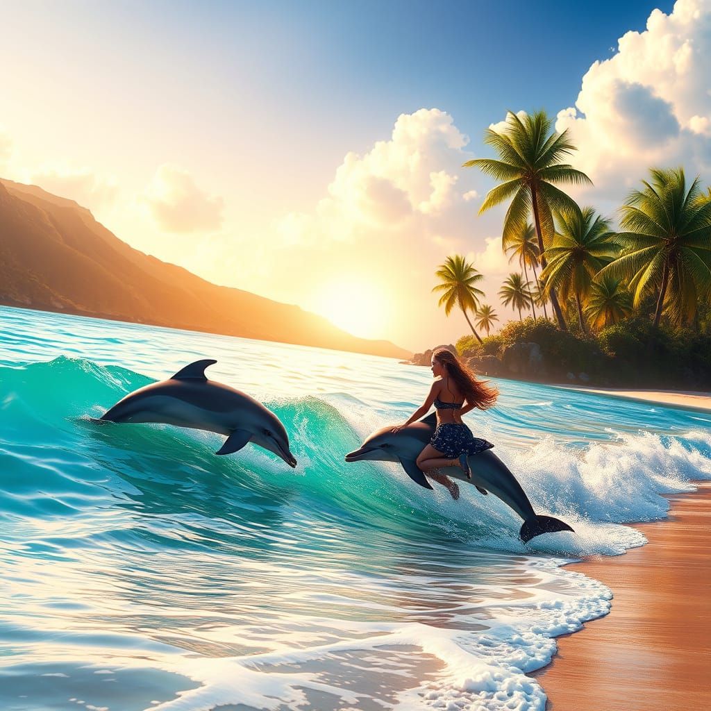Tropical Beach Scene with Dolphins and Palm Trees in Fantast...