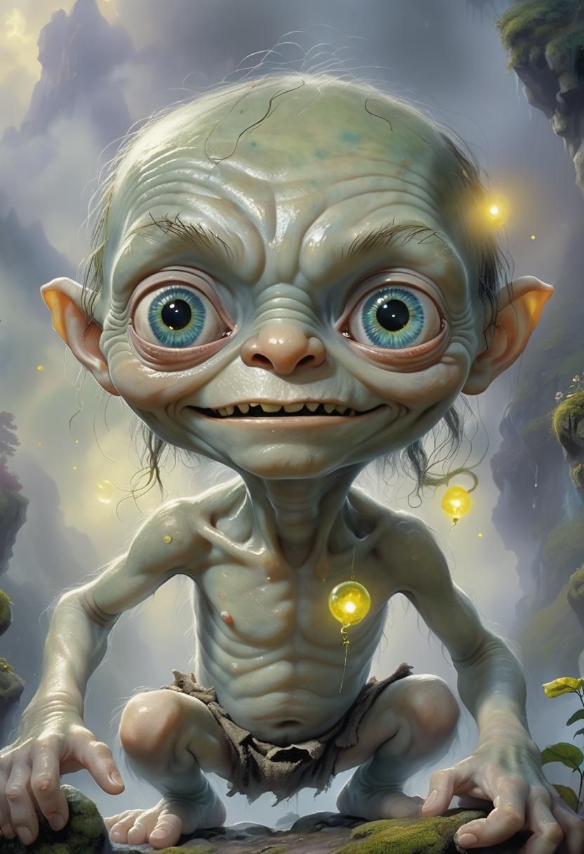 Happy Gollum in Ethereal Fantasy Landscape