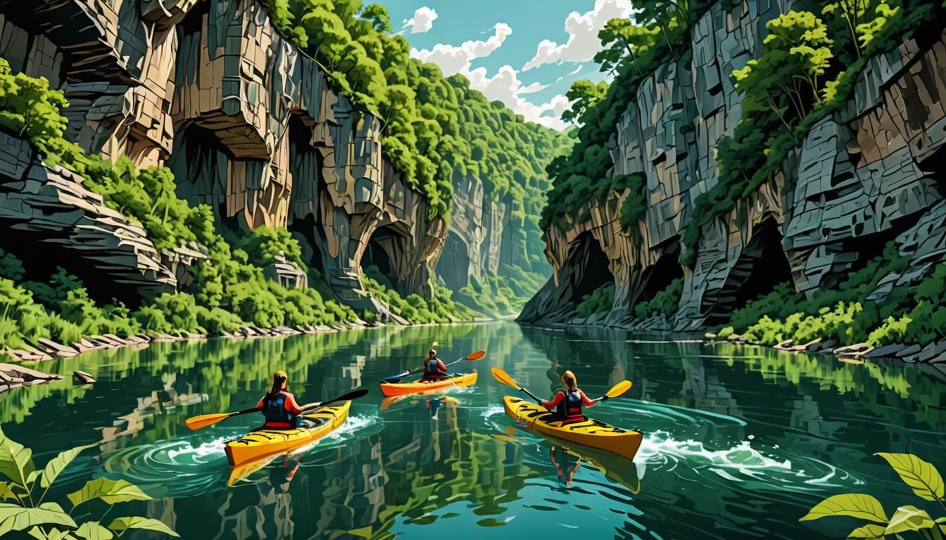 Kayaking Adventure on the Black River in Abstract Vector Art
