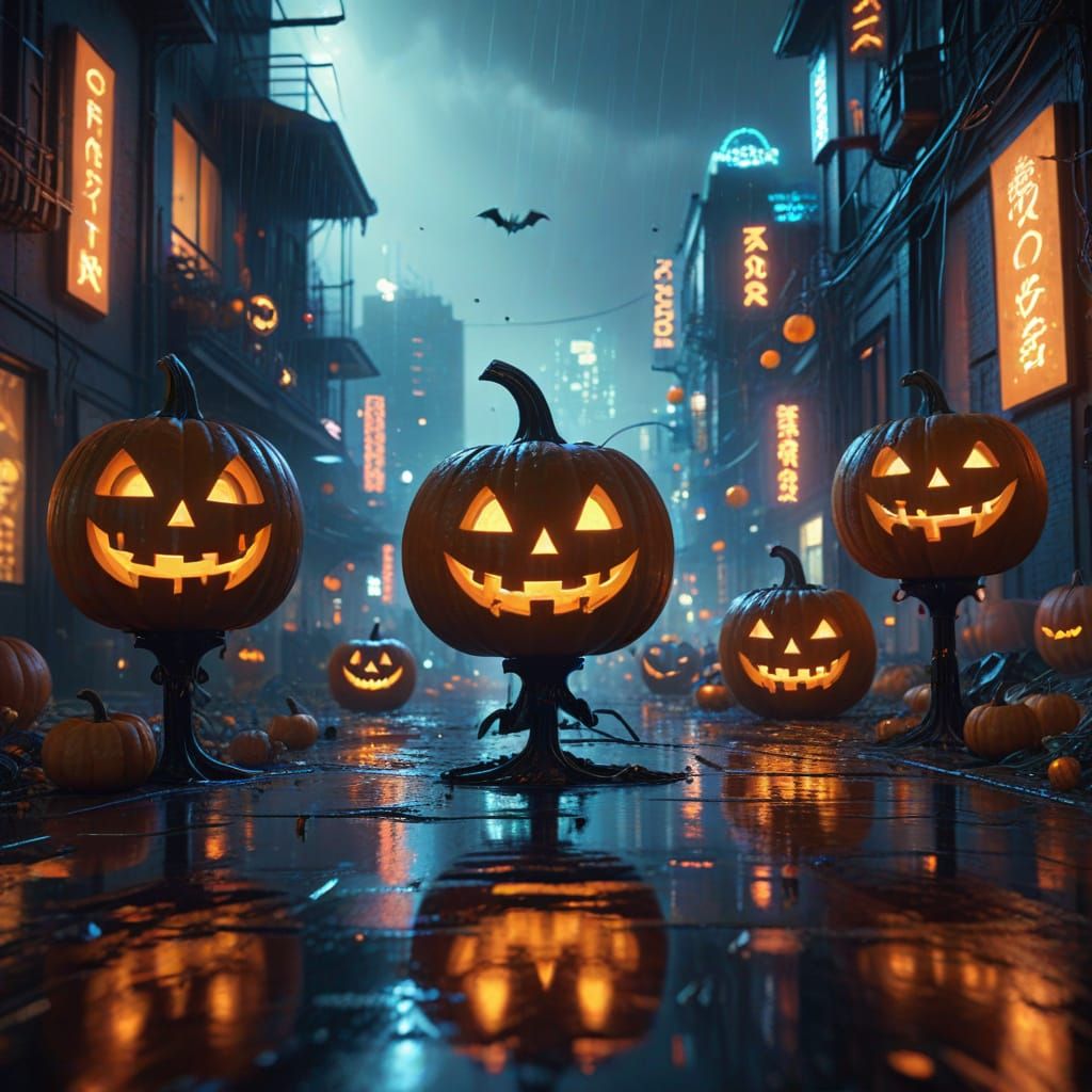 Cyberpunk Halloween Party with Glowing Pumpkins and Ghosts