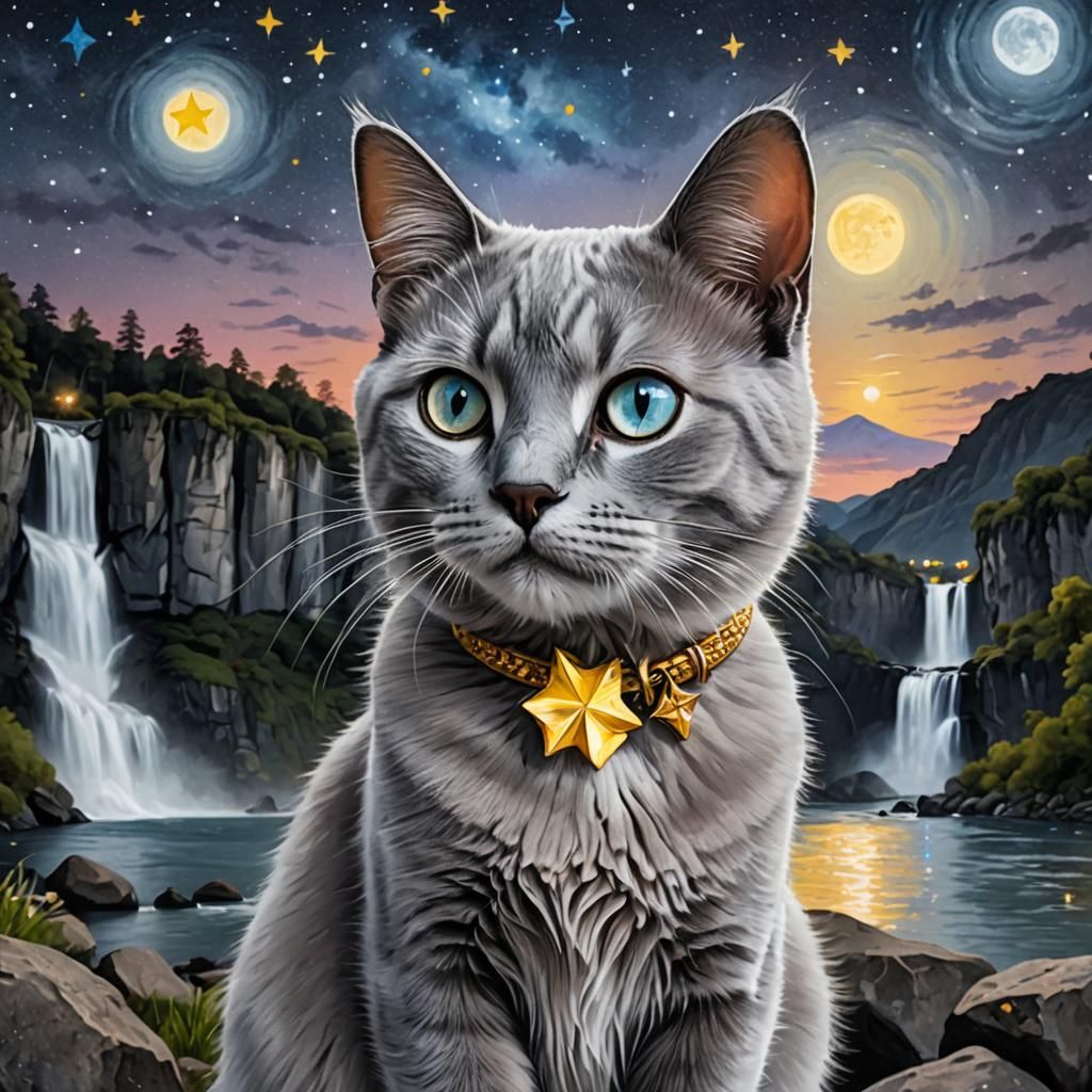 Regal Blue Cat with Star, Moonlit Night