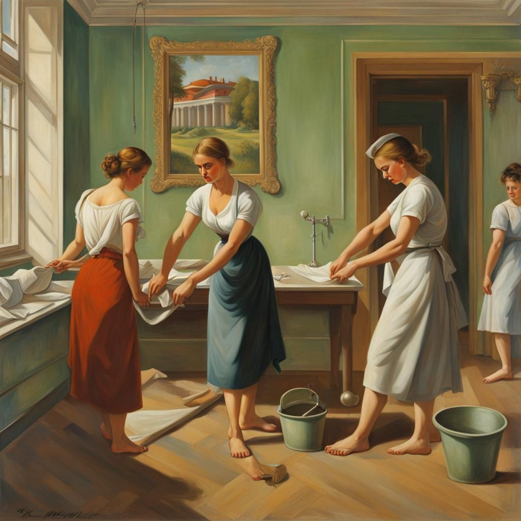 Soviet Realist Mural: Women Working as Maids